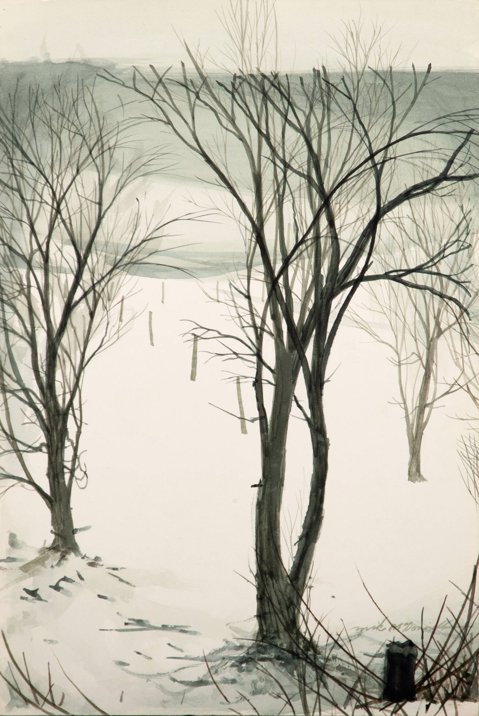 Watercolor of bare trees in a grey, snowy landscape.